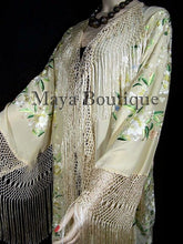 Embroidered Silk Opera Coat Kimono Fringe Jacket Birds & Flowers Pastels Greens