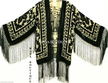 Maya Matazaro Fringe Jacket Kimono Bolero Silk Burnout Velvet Beige & Black