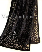Black Camellia Shawl Wrap Scarf Burnout Velvet Maya Matazaro Elegant!