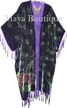 Maya Kimono Opera Coat Duster Beaded Silk Burnout Velvet Peacock Purple PLUS