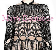 Black Crochet Poncho Top Asymmetrical Rayon-Silk Maya Matazaro One Size