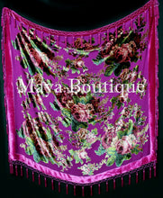 Piano Shawl Scarf Wrap Fuchsia Victorian Rose Silk Burnout Velvet Beaded Fringes