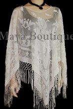 Ivory Maya Matazaro Silk Burnout Velvet Poncho Top Piano Shawl Fringed Wrap