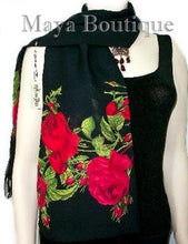 Scarf Red Gypsy Roses Georgette with Fringes Maya Matazaro USA Made