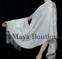 Ivory Embroidered Silk Wrap Shawl Scarf Oblong with Fringes Maya Matazaro