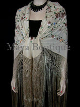 Maya Matazaro Flamenco Embroidered Silk Piano Shawl Wrap Fringed Scarf Beige 84"