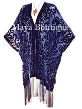 Navy Blue Caftan Kimono Duster Burnout Velvet Art Nouveau Maya Matazaro