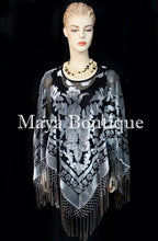 Poncho Shawl top With Fringe Silver Gray Black Burnout Velvet Maya Matazaro