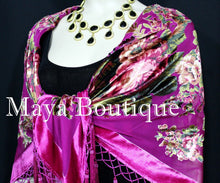 Piano Shawl Scarf Wrap Fuchsia Victorian Rose Silk Burnout Velvet Beaded Fringes