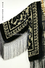 Maya Matazaro Fringe Jacket Kimono Bolero Silk Burnout Velvet Beige & Black