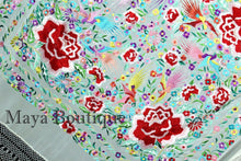 Flamenco Embroidered Silk Piano Shawl Wrap White Flower & Birds Multicolors 90"