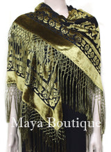 Antique Gold & Black Burnout Velvet Piano Shawl Square Fringed Maya Matazaro