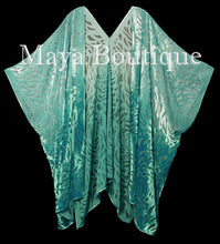 Maya Matazaro Aqua Ombre Camellia Burnout Velvet Caftan Kimono Jacket Hand Dyed