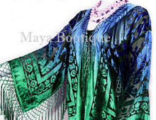 Maya Matazaro Art to Wear Burnout Velvet Kimono Jacket Hand Dyed Green Blue