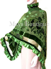 Silk Shawl Wrap Beaded Burnout Velvet Green Triangle Satin Ruffles Maya Matazaro
