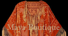 Maya Matazaro Orange Kimono Fringe Jacket Opera Coat Silk Burnout Velvet