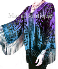 Maya Matazaro Art to Wear Burnout Velvet Kimono Jacket Hand Dyed Teal Purple