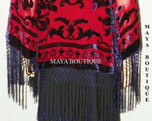 Burnout Velvet Silk Fringe Jacket Kimono Red & Navy Maya Matazaro NEW