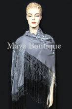 Flamenco Embroidered Silk Piano Shawl Wrap Dusk Gray Floral 84" Maya Matazaro