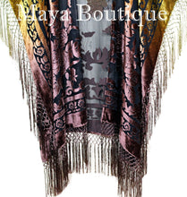Gold & Brown Wearable Art Kimono Caftan Fringe Jacket Burnout Velvet Hand Dyed