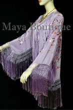Maya Matazaro Embroidered Silk Fringe Jacket Kimono Lilac Multi Birds Flower