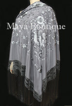 Flamenco Embroidered Silk Piano Shawl Wrap Dusk Gray Floral 84" Maya Matazaro