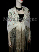Maya Matazaro Flamenco Embroidered Silk Piano Shawl Wrap Fringed Scarf Beige 84"
