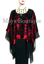Maya Hand Dyed Layered Poncho Top Red Black Burnout Velvet & Chiffon Made In USA