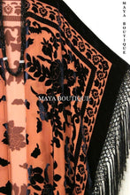 Caftan Duster Fringe Jacket Kimono Tangerine & Black Silk Burnout Velvet Maya