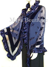 Navy Blue Shawl Scarf Wrap Silk Burnout Velvet Triangle Ruffles Maya Matazaro