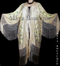 Embroidered Silk Opera Coat Kimono Fringe Jacket Birds & Flowers Pastels Greens
