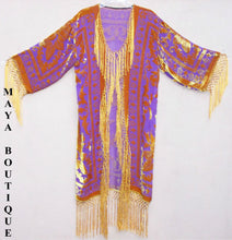 Orange Gold Burnout Velvet Silk Fringe Jacket kimono Long Coat Maya Matazaro