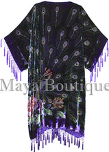 Maya Kimono Opera Coat Duster Beaded Silk Burnout Velvet Peacock Purple PLUS