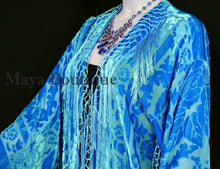 Sky Blue Silk Burnout Velvet Fringes Jacket Kimono Long Coat Maya Matazaro USA