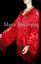 True Red Kimono Fringe Jacket SILK Burnout Velvet Short Maya Matazaro Plus Size