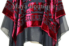 Maya Hand Dyed Layered Poncho Top Red Black Burnout Velvet & Chiffon Made In USA