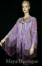 Maya Matazaro Embroidered Silk Fringe Jacket Kimono Lilac Multi Birds Flower