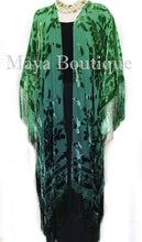 Green Wearable Art Kimono Caftan Fringe Jacket Burnout Velvet Hand Dyed Maya