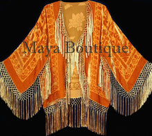 Orange Kimono Silk Burnout Velvet Fringe Jacket Short Maya Matazaro