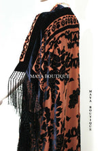 Caftan Duster Fringe Jacket Kimono Tangerine & Black Silk Burnout Velvet Maya