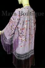 Maya Matazaro Embroidered Silk Fringe Jacket Kimono Lilac Multi Birds Flower