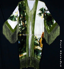 Kimono Duster Fringe Jacket Silk Solid Velvet Peacock Ivory Multi Maya Matazaro