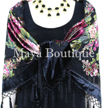 Piano Shawl Scarf Wrap Black Victorian Rose Silk Burnout Velvet Beaded Fringes