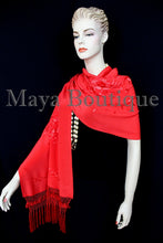 Red Embroidered Silk Wrap Shawl Scarf Oblong with Fringes Maya Matazaro