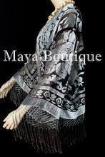Fringe Jacket Kimono Blazer Burnout Velvet Silver Gray & Black Maya Matazaro