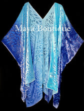 Blue Turquoise Camellia Burnout Velvet Caftan Kimono Hand Dyed Maya Matazaro USA