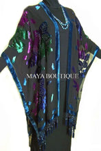 Caftan Kimono Duster Beaded Silk Burnout Velvet Tye Dye Blue Multi Maya Matazaro