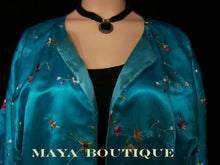 Silk Kimono Duster Coat Kimono All Embroidered & Lined Turquoise Maya Matazaro