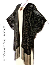 Maya Matazaro Caftan Kimono Duster Burnout Velvet Art Nouveau Black Made in USA