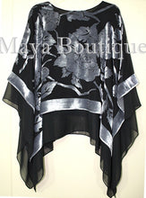 Maya Matazaro Layered Poncho Top Silk Burnout Velvet & Chiffon Silver Black USA